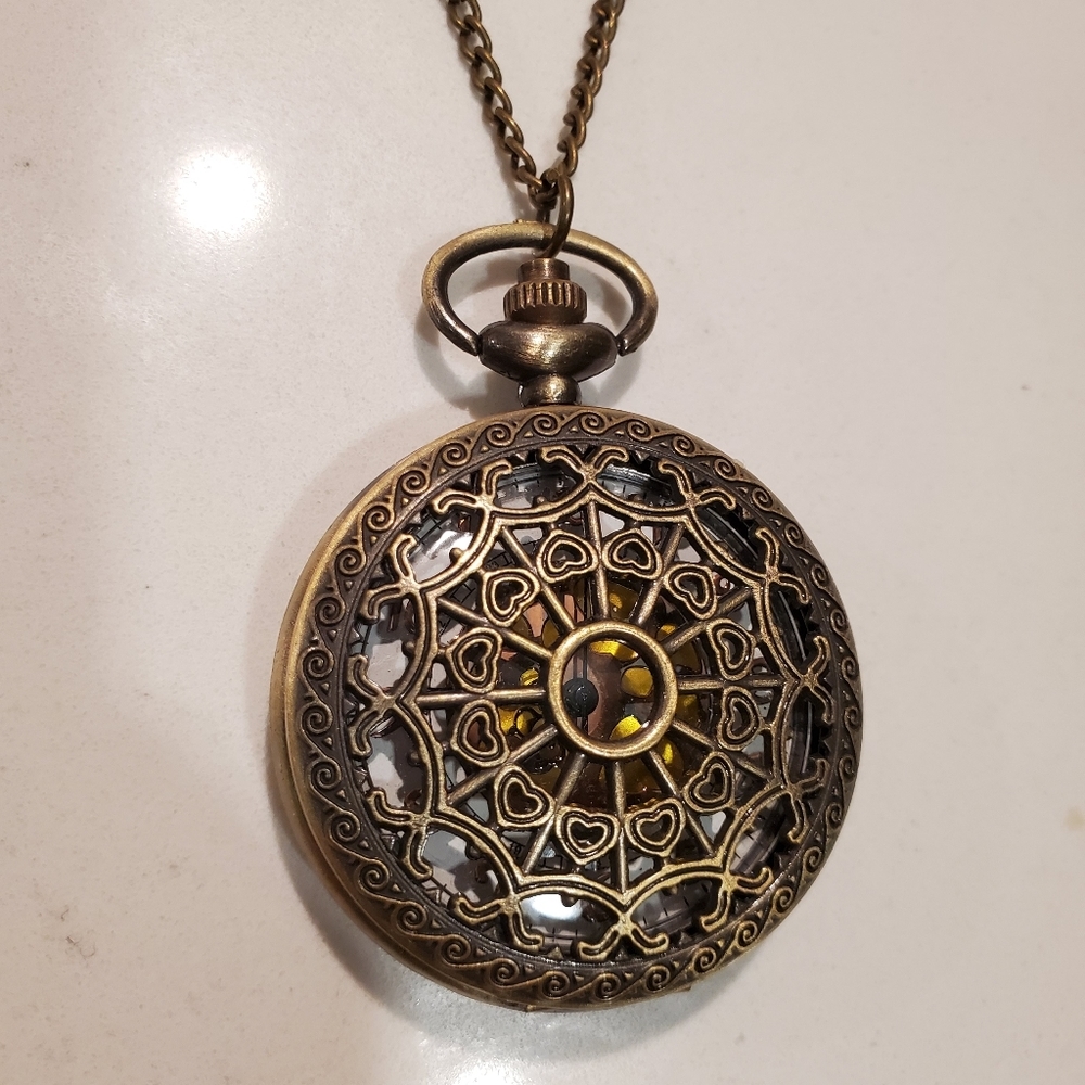 Vintage Clock Pendant Long Necklace Neutral Preppy Casual Steampunk Classic Boho - Picture 2 of 5